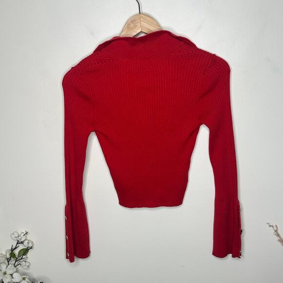 ANTHROPOLOGIE x MAEVE Polo Ribbed Crop Sweater Bell Sleeve Red Sz XXS {J5} - Picture 6 of 8